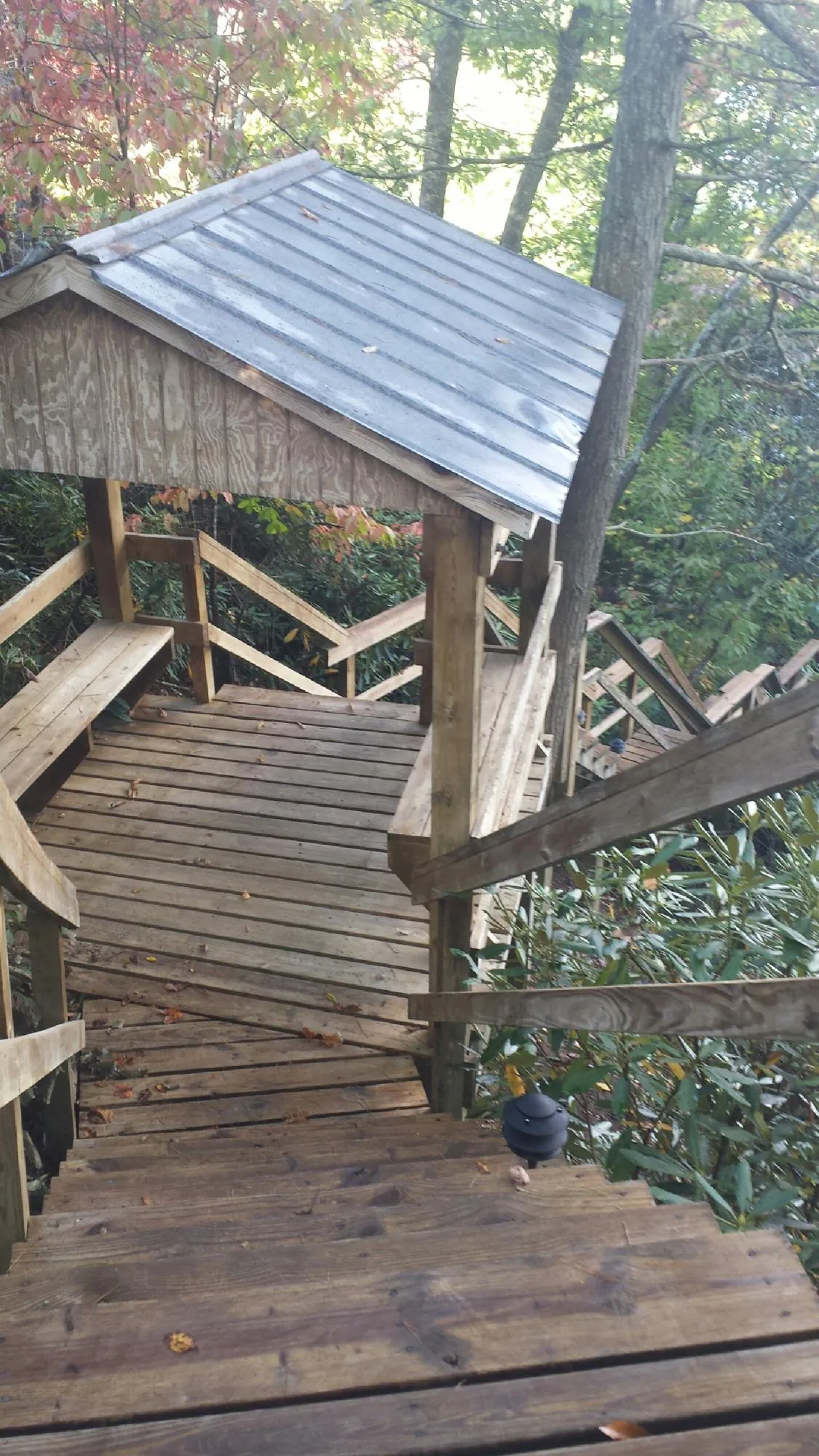 Metal roofed shelter over wooden steps on a wooded walkway — Skylight Repair & Installation work by our crew in Rockport